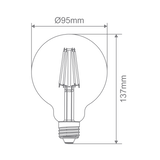 Technical drawing of a Decorative Domus G95 frosted glass filament light bulb with dimensions on a green background
