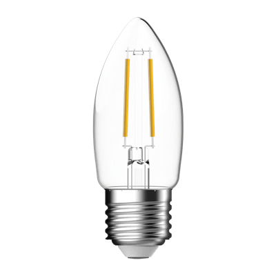 Clear glass Domus LED candle bulb with warm white light on a white background