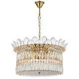 Gold chandelier with crystal accents on a white background