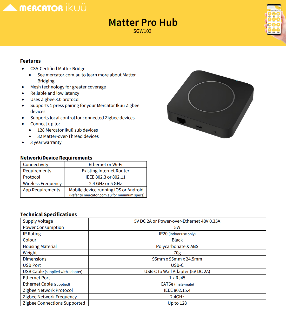 MERCATOR iKUU Matter Pro Hub SGW103 with features and specifications on a white background
