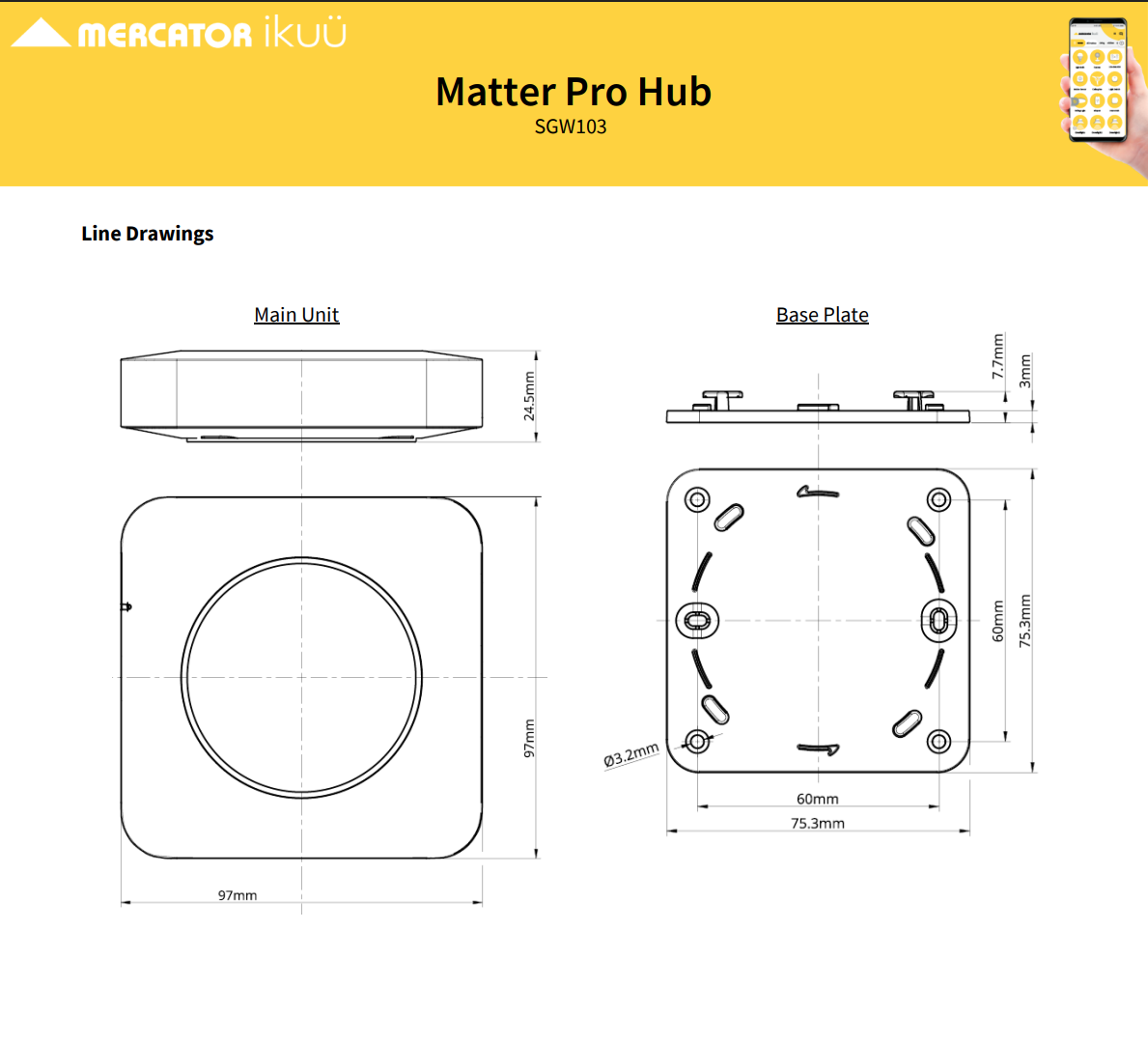 Technical drawings of a Matter Pro Hub with dimensions and Mercator Ikuu branding.