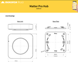 Technical drawings of a Matter Pro Hub with dimensions and Mercator Ikuu branding.
