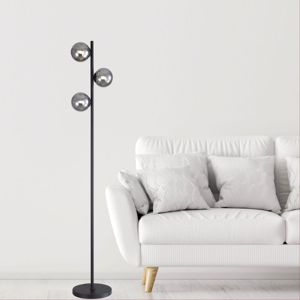 Oriel Valcross 3 Light Black Decorative Floor Lamp with Smoke Glass Spheres