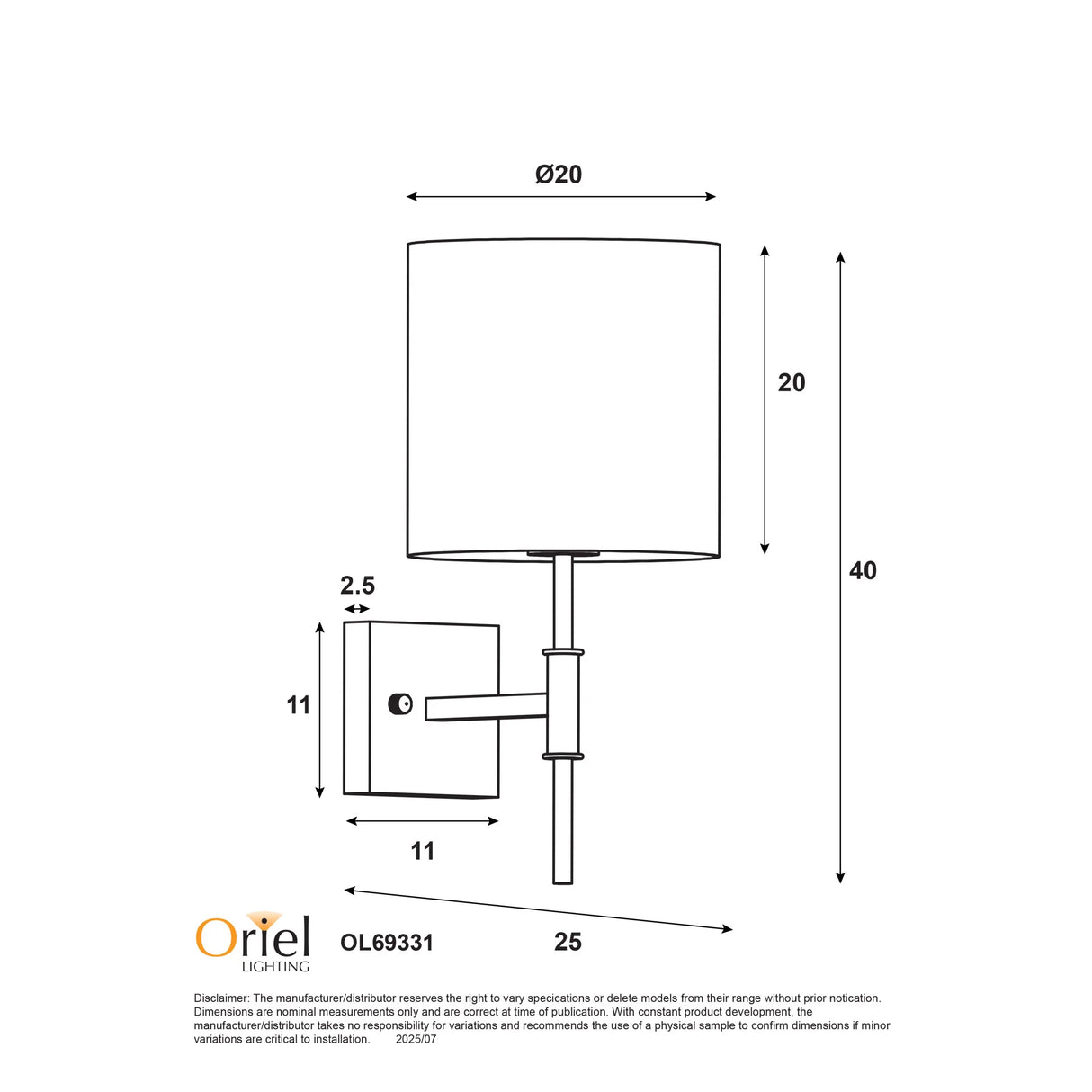 Oriel Bella Satin Brass Wall Sconce with Fabric Shade