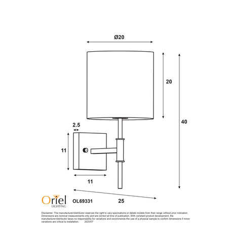 Oriel Bella Satin Brass Wall Sconce with Fabric Shade