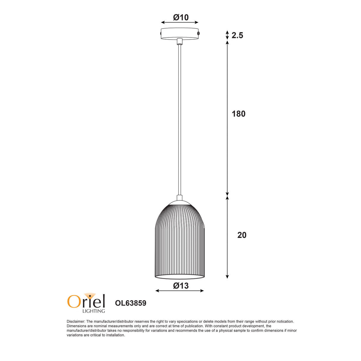 Oriel Arley Pendant Satin Brass Ribbed Glass Pendant