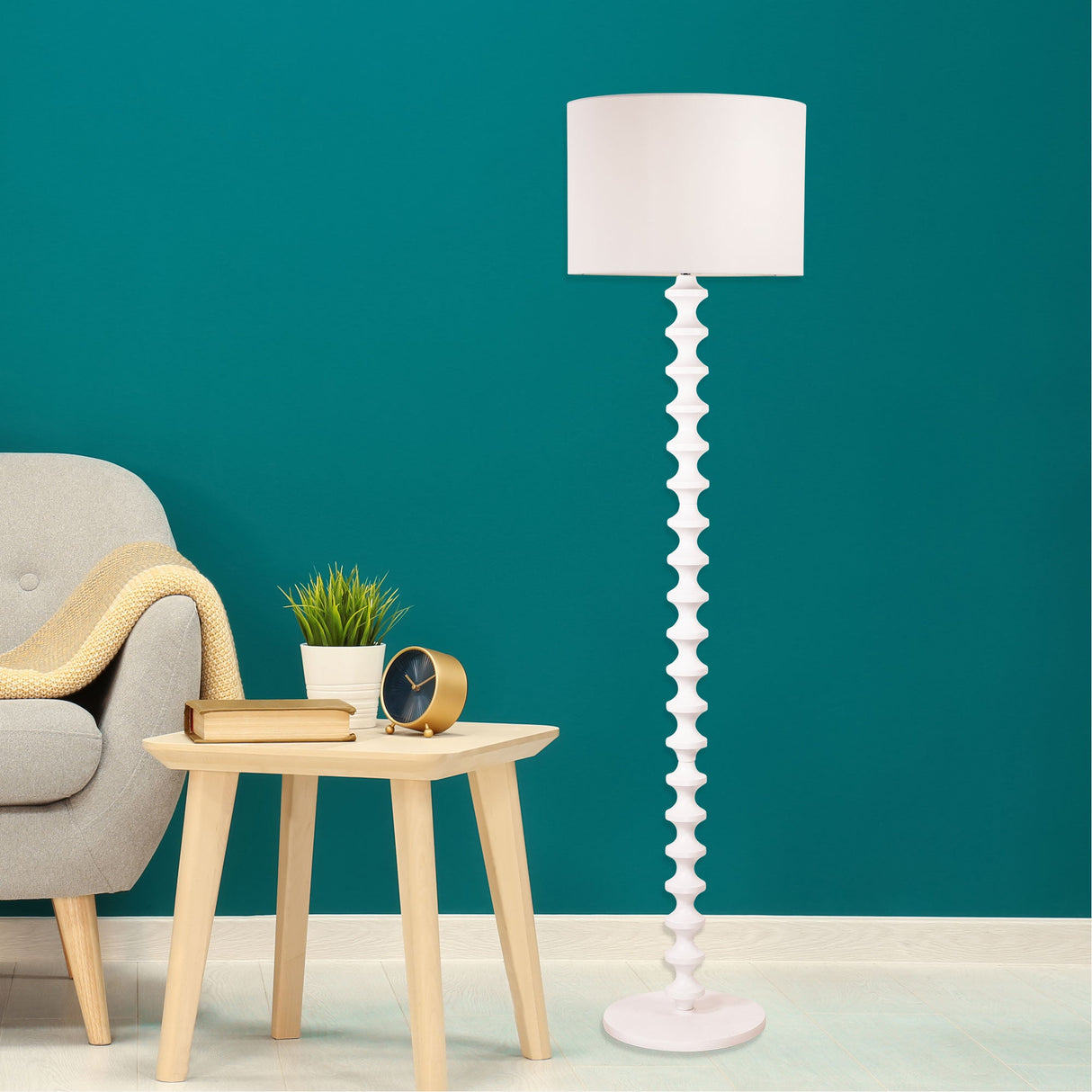 Oriel Spindle White Floor Lamp with Shade