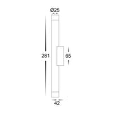 Technical dimension diagram of a cylindrical product, showing a diameter of 25, a height of 281, a width of 42, and a middle section height of 65 on a white background.