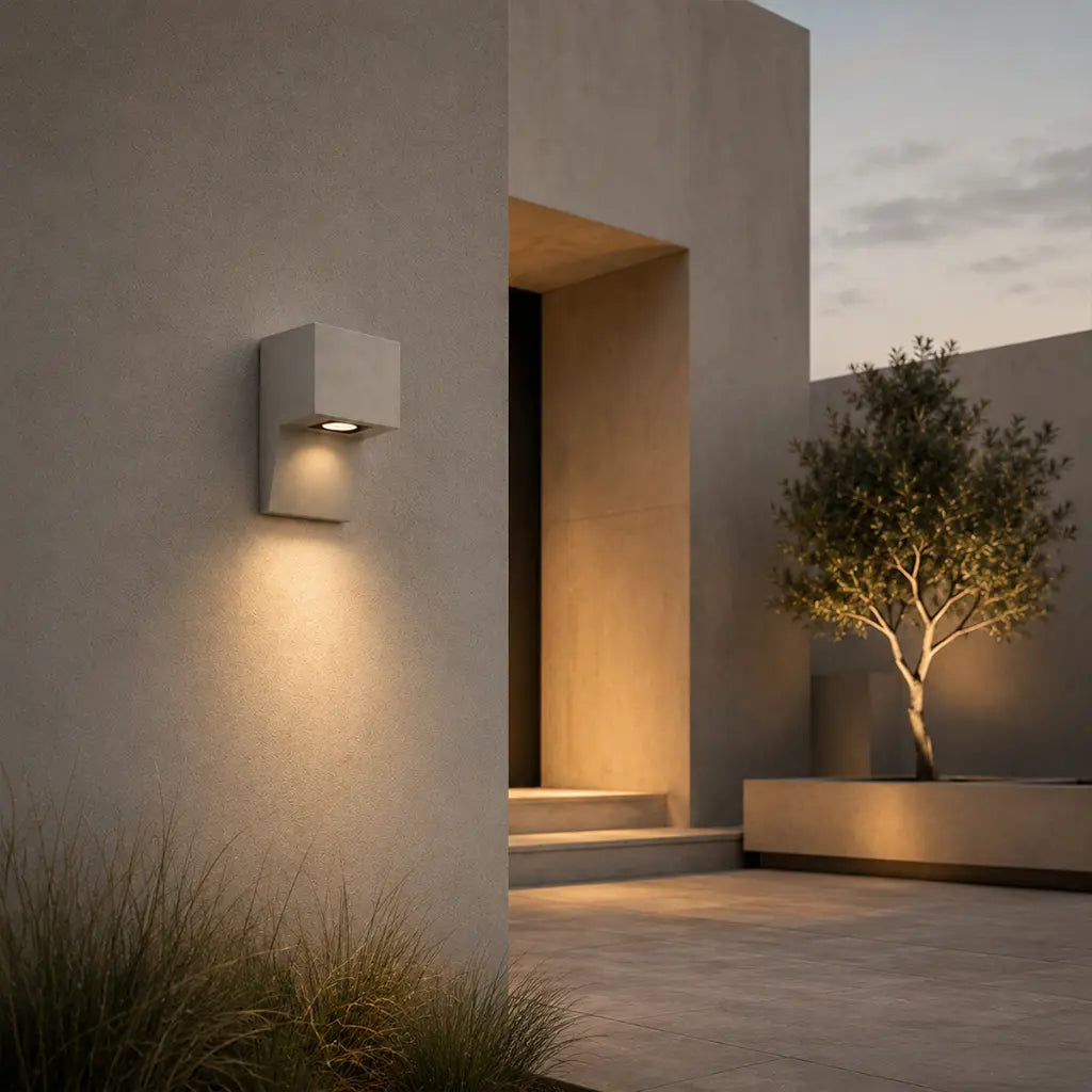 A modern square outdoor wall light fixture mounted on a textured beige stucco wall, casting a warm yellow light downward. The scene is set in a minimalist architectural courtyard with a tree in a planter and soft evening sky in the background.