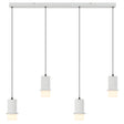 Modern pendant light fixture with four concrete-style lampshades on a white background