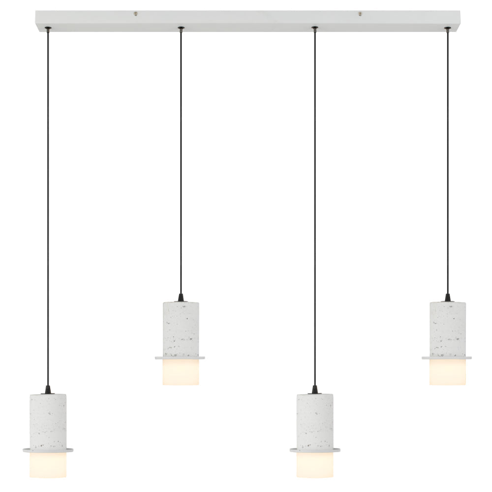 Modern pendant light fixture with four concrete-style lampshades on a white background