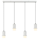 Modern pendant light fixture with four concrete-style lampshades on a white background