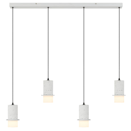 Modern pendant light fixture with four concrete-style lampshades on a white background