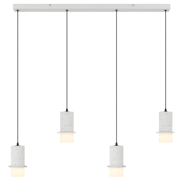 Modern pendant light fixture with four concrete-style lampshades on a white background