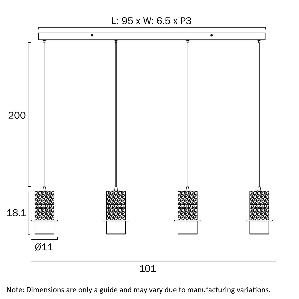Technical drawing of a pendant light fixture with dimensions