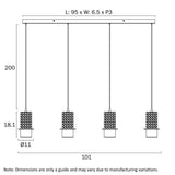 Technical drawing of a pendant light fixture with dimensions