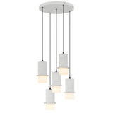 Modern pendant light with concrete-like finish on a white background