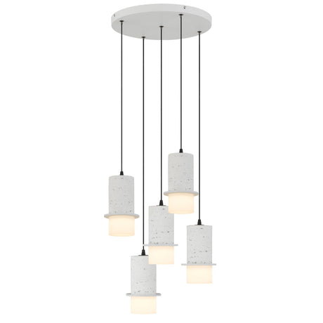 Modern pendant light with concrete-like finish on a white background