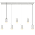Modern pendant light fixture with concrete-like finish on a white background