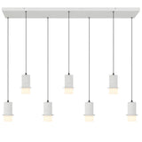 Modern pendant light fixture with concrete-like finish on a white background