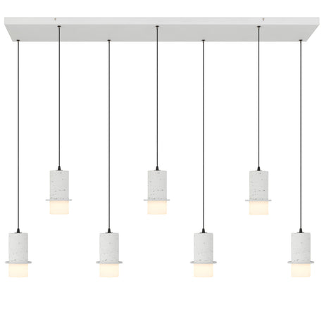 Modern pendant light fixture with concrete-like finish on a white background