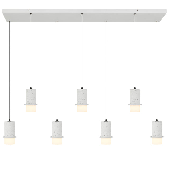 Modern pendant light fixture with concrete-like finish on a white background