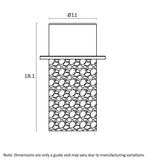 Technical drawing of a cylindrical object with dimensions labeled