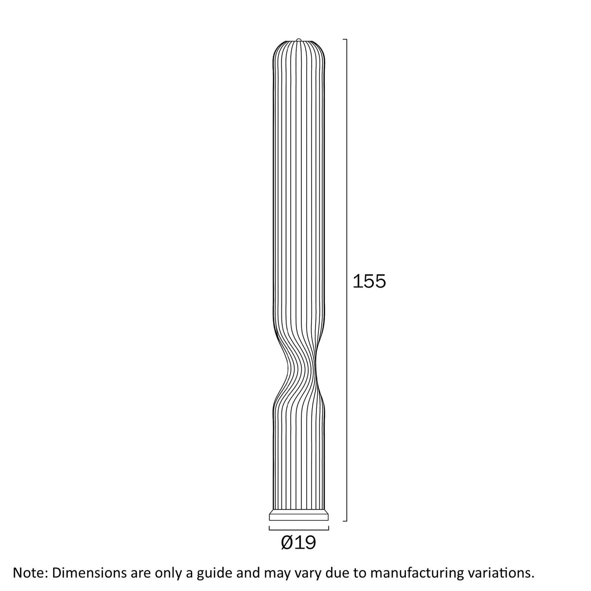 Measurement chart of a cylindrical object with dimensions 155mm in height and 19mm in diameter.