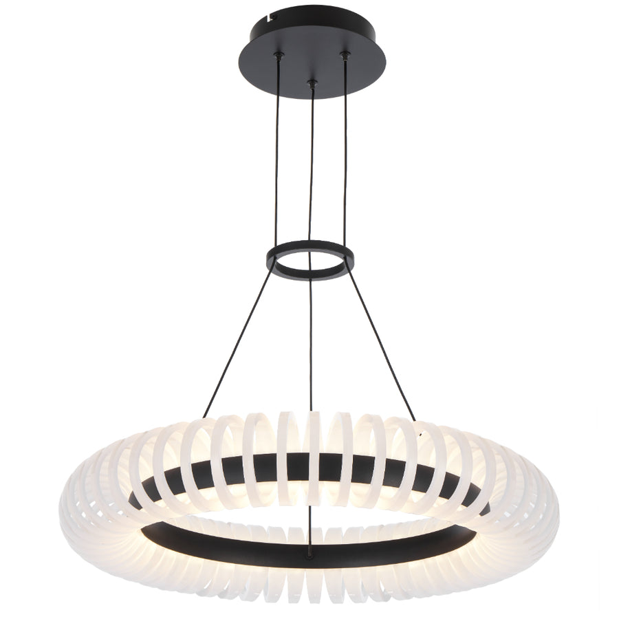 Modern pendant light with black and white design on a white background
