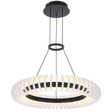 Modern pendant light with black and white design on a white background