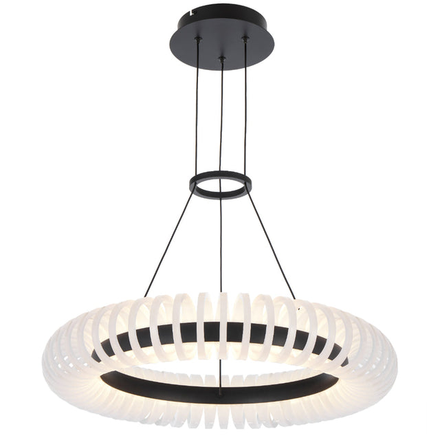 Modern pendant light with black and white design on a white background