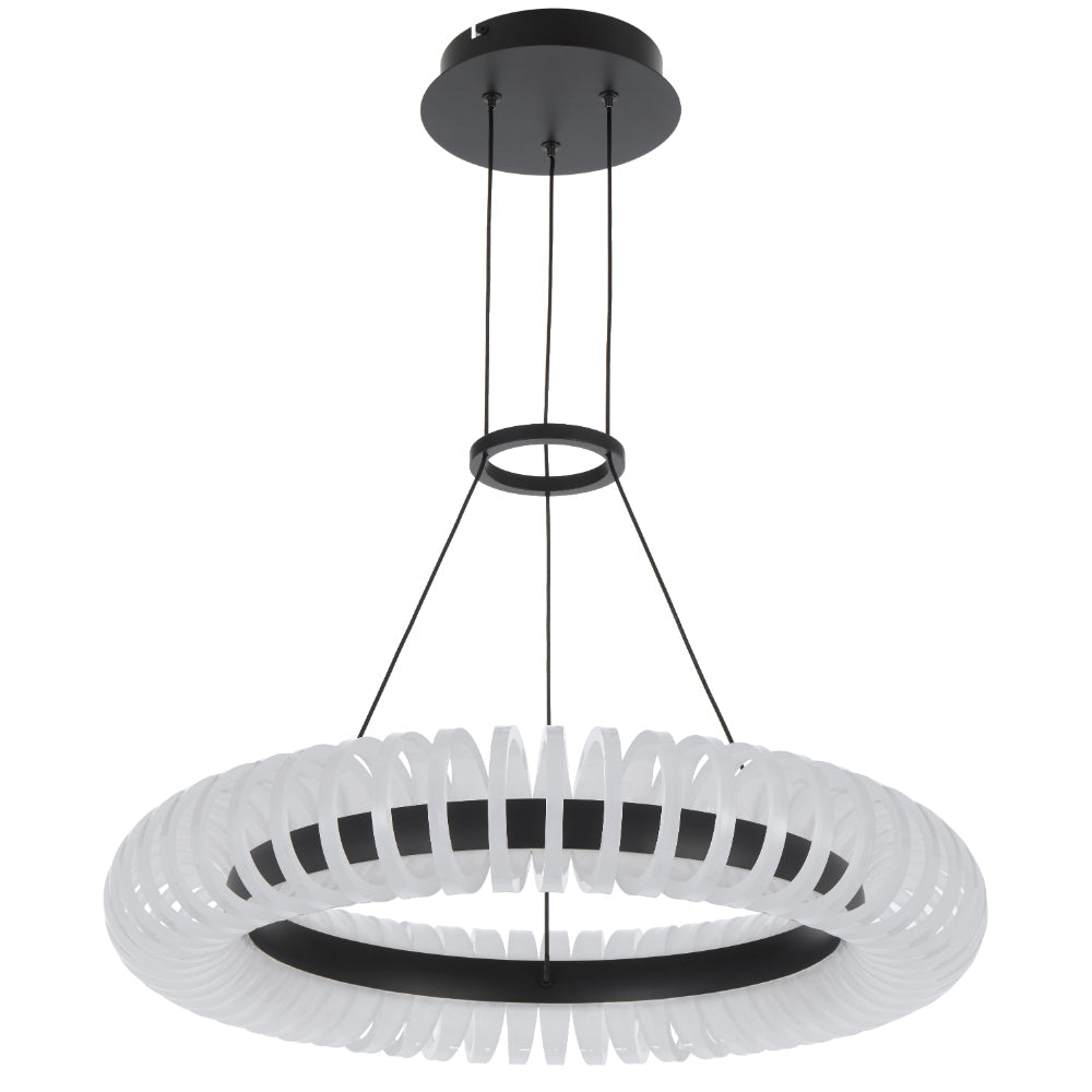 Modern pendant light with black and white design on a white background