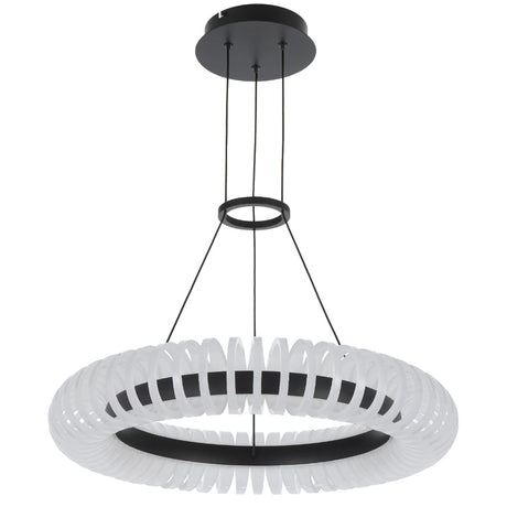 Modern pendant light with black and white design on a white background