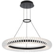 Modern pendant light with white circular shade and black frame on a white background