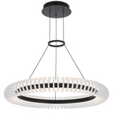 Modern pendant light with white circular shade and black frame on a white background