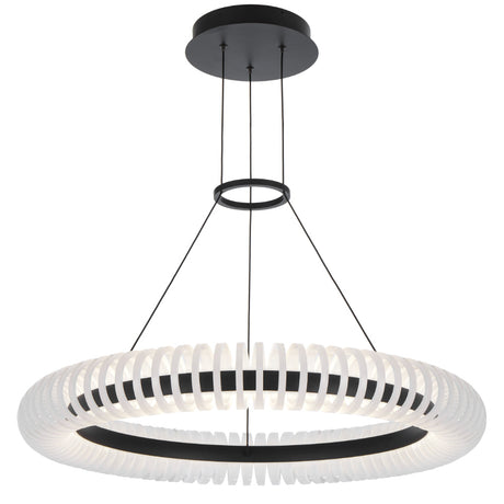 Modern pendant light with white circular shade and black frame on a white background