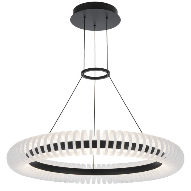 Modern pendant light with white circular shade and black frame on a white background