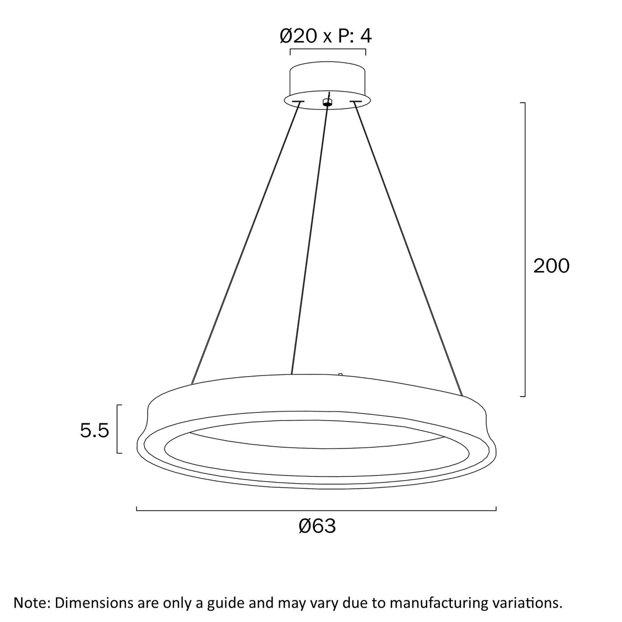 Technical drawing of a circular pendant light with dimensions on a white background