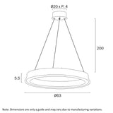 Technical drawing of a circular pendant light with dimensions on a white background