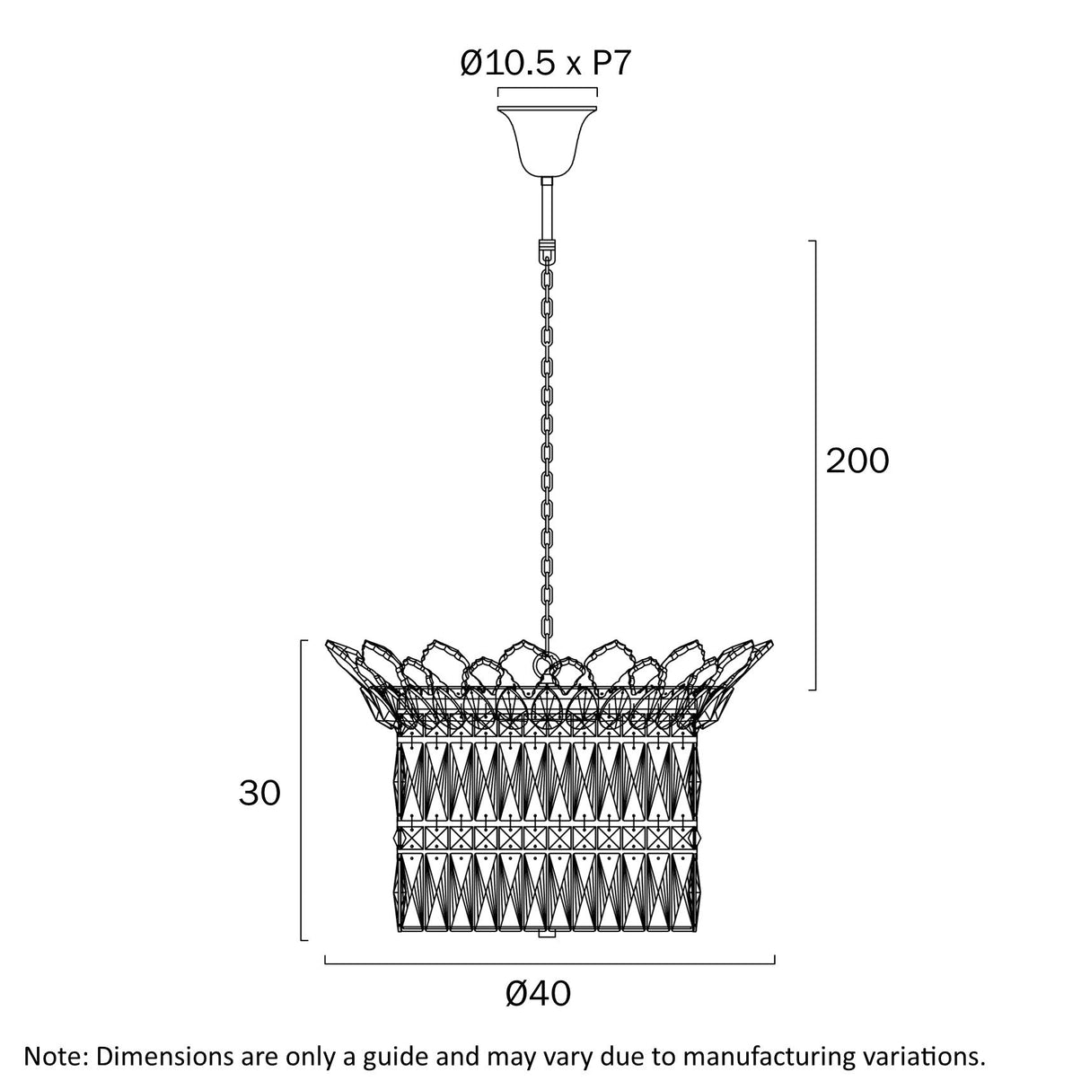 Technical drawing of a pendant light with dimensions on a white background