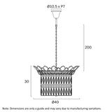 Technical drawing of a pendant light with dimensions on a white background