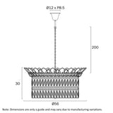 Technical drawing of a hanging light fixture with dimensions