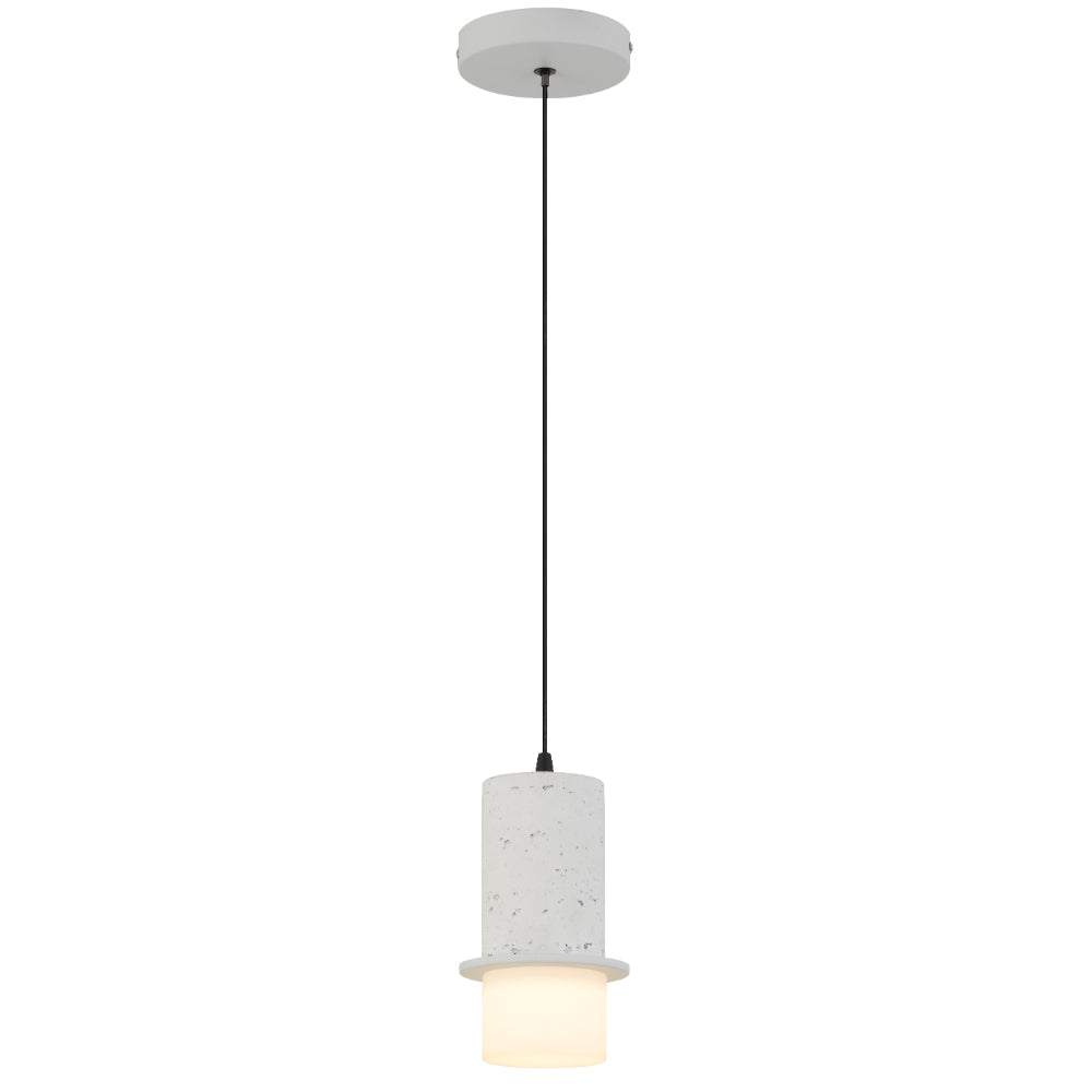 Pendant light with white cylindrical shade on a white background