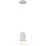 Pendant light with white cylindrical shade on a white background