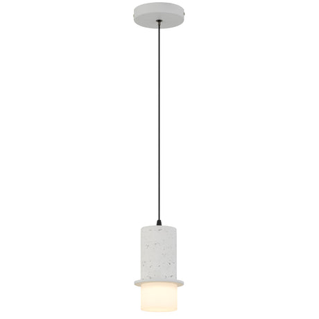 Pendant light with white cylindrical shade on a white background