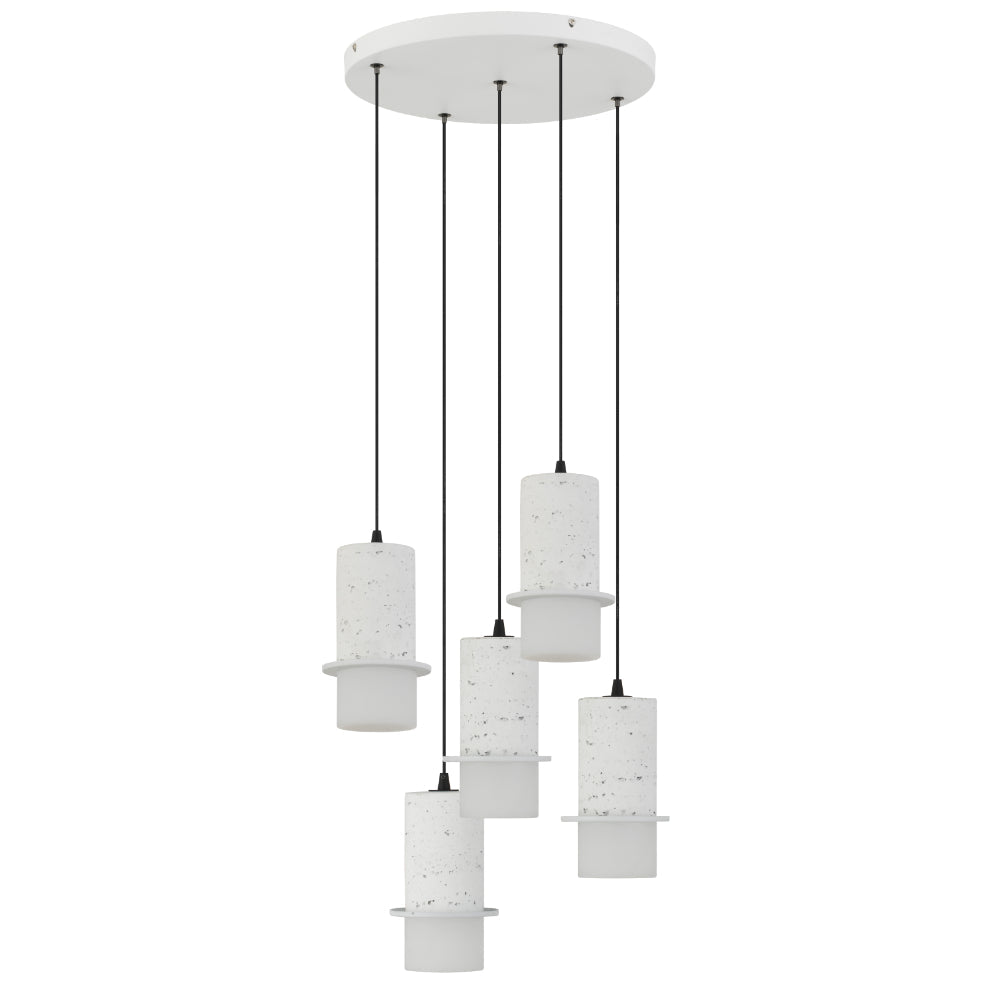 Modern pendant light fixture with five cylindrical glass shades on a white background