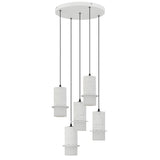Modern pendant light fixture with five cylindrical glass shades on a white background