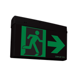 Emergency exit sign with green arrow and silhouette on black background