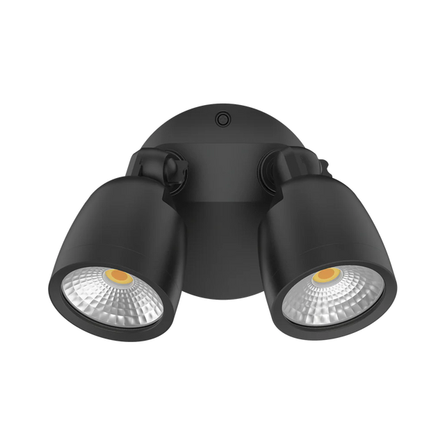 Black Domus Muro Eco 20 20W LED No-SR Trio wall light with two floodlights on a white background