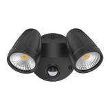 Black Domus MURO-MAX 32S 32W LED sensor trio outdoor spotlight with two LED lights on a white background